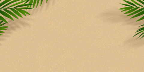 Sand Beach Texture Background with Palm Leaf and Shadow,Vector illustration Flat Lay Top View Tropical Summer beach,Coconut leaves on brown sandy with copy space,Holiday Summer backdrop background