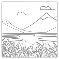 Nice Mountain, river and Sky landscape coloring Book. Vector illustration.