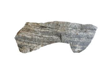 Gneiss stone isolated on white background. Gneiss displays distinct foliation, representing...