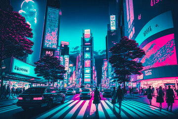 Shibuya crossing in Tokyo, neon night city colors, illustration. Generative AI