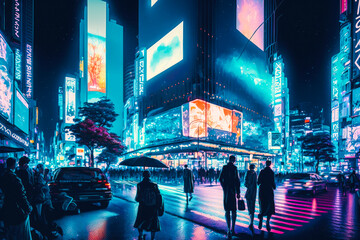 Shibuya crossing in Tokyo, neon night city colors, illustration. Generative AI