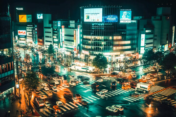 Fototapeta na wymiar Shibuya crossing in Tokyo, neon night city colors. Generative AI