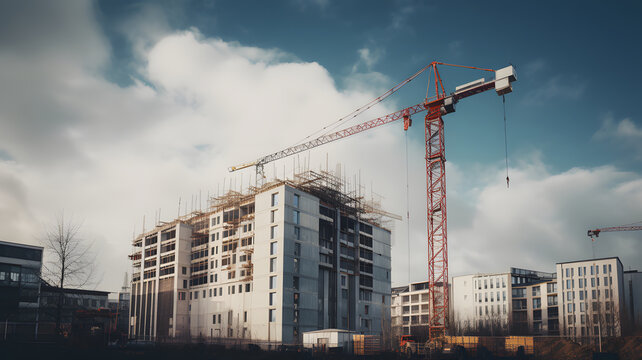 Construction Site With Cranes And Dramatic Sky