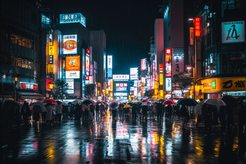 Obraz premium Shibuya crossing in Tokyo, neon night city colors. Generative AI
