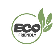 Eco friendly. Healthy natural product label logo design. Circle badge with plant leave decorating. Vector stamp.