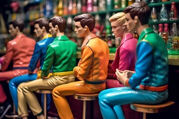 Fototapeta na wymiar Fictional Gay Men - Plastic Dolls, Having fun at a colourful Gay Bar, Generative AI Illustration