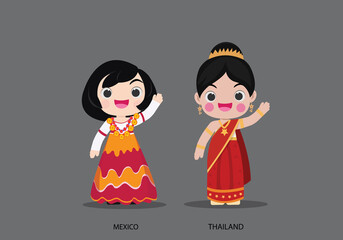 Mexico and Thailand in national dress vector illustrationa