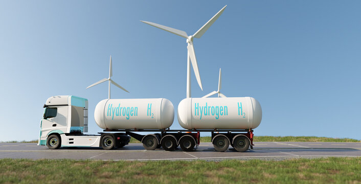 hydrogen fuel storage transpartation with wind turbine background, zero emission power , 3d illusttration rendering
