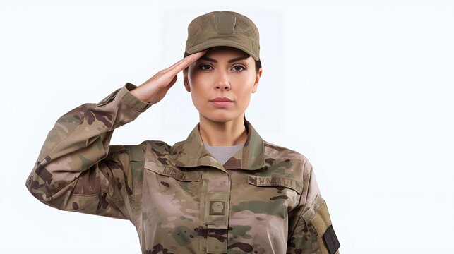 A fictional people. Female soldier saluting on white background. Generative AI