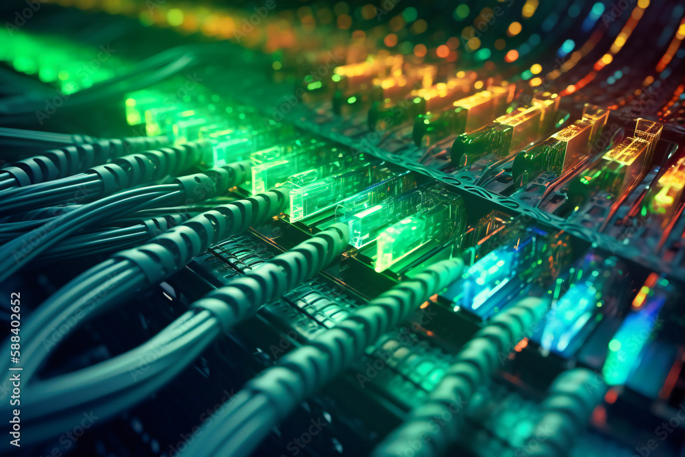 Aufkleber ethernet cables connect to an internet switch, illustrating the backbone of a data center