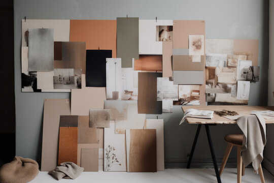 Interior design mood board with fabric and paint swatches. Generative ai