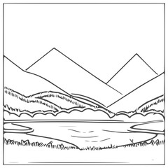 Nice Mountain, river and Sky landscape coloring Book. Vector illustration.