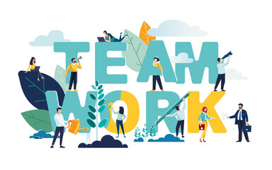 Vector flat business illustration, businessmen together build word teamwork, abstract graphic design, construction business project. Business team people looking for a job. Loudspeaker career planning