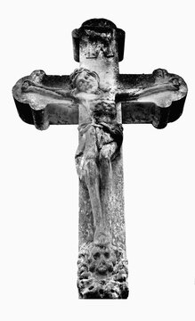 Very ancient stone statue of crucifixion of Jesus Christ. Black and white image.