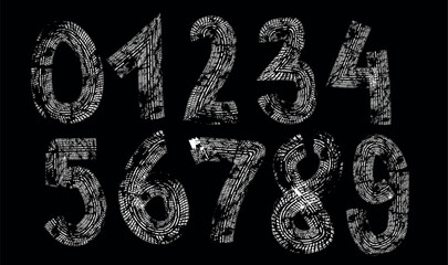 Tyre track numbers . Grunge texture . Screen print . Vector tire track alphabet numbers. Car tread silhouette . Tyre print .Wheel tire track. Traces of tires