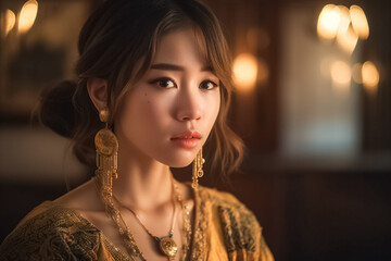 Golden Asian Princess Concept Mood and Tone with light and dress in Brightness Gold Theme. generative AI