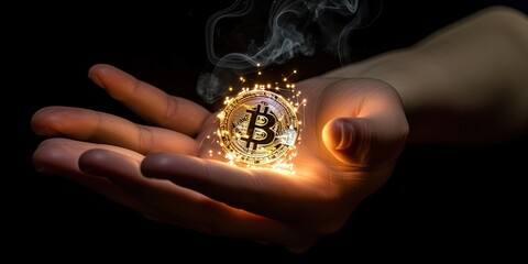 Golden Bitcoin Floating over a Trader Hand. Stock Market Graph as background. Dark Scene, Money Investment on Crypto Currency by  ai generative