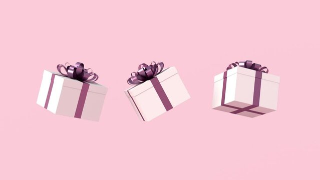 White gift boxes with purple ribbon, on pink background with empty copy space. Concept for holidays	