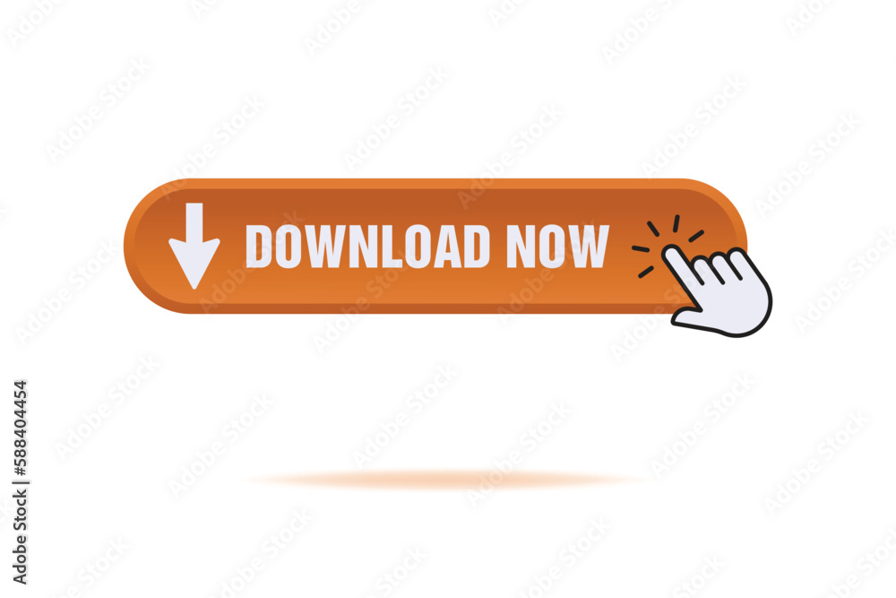 Poster download now button with hand clicking , flat finger cursor isolated on white background. click butt