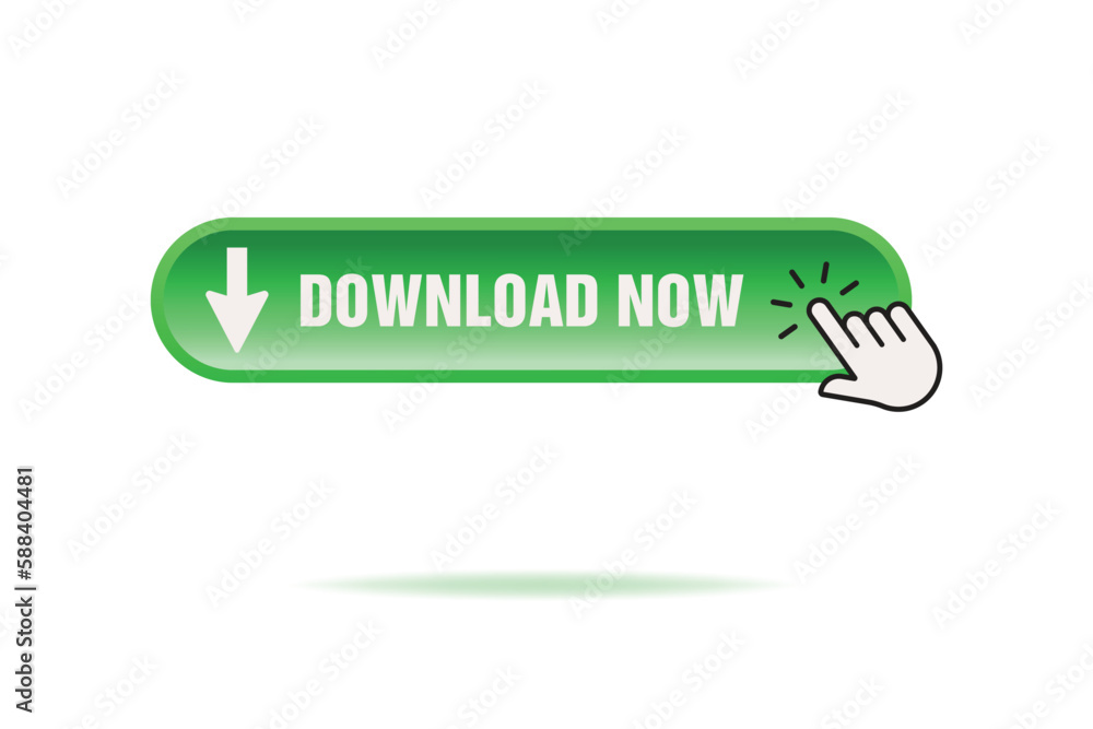 Poster green download button with hand clicking, flat finger cursor for web and app design. digital technol