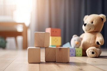 wooden toy blocks on wooden table in the Children's room. Ai generative