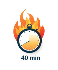 40 minutes clock on fire icon. Interface for programs and applications, UI and UX design. Template, layout and mock up. Timer and business alarm. Cartoon flat vector illustration