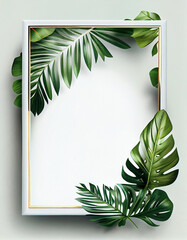 White frame with tropical leaves, created with generative AI