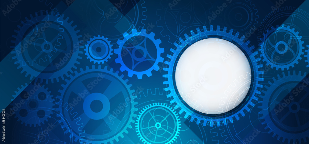 Poster The mechanism consisting of gears on a blue background for the presentation. Cogwheel for science experiment presentation. Futuristic high tech concept. Business and industry internet banner