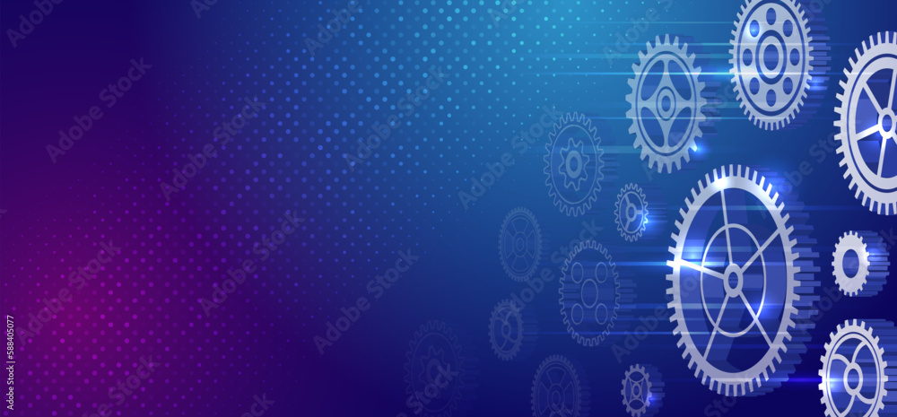 Poster Futuristic high tech concept. Business and industry internet banner. The mechanism consisting of gears on a blue background for the presentation. Cogwheel for science experiment presentation.