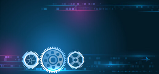 Cogwheel for science experiment presentation. Futuristic high tech concept. Business and industry internet banner. The mechanism consisting of gears on a blue background for the presentation.