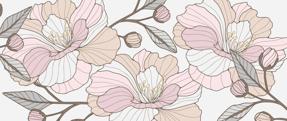 Delicate vector illustration with lush flowers, branches, buds and leaves in pastel colors for decor, covers, backgrounds, wallpapers