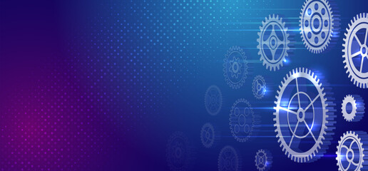 Futuristic high tech concept. Business and industry internet banner. The mechanism consisting of gears on a blue background for the presentation. Cogwheel for science experiment presentation.