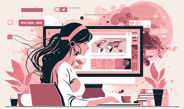 Woman creating a website flat illustration. Generative AI.