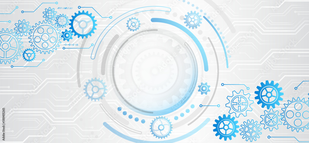 Poster Futuristic high tech concept. Business and industry internet banner. The mechanism consisting of gears on a gray background for the presentation. Cogwheel for science experiment presentation.