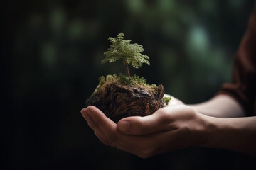 Nature protection and planet Earth protection concept. Woman hands holding growing small tree in hands. Planting trees and save nature and forest idea. Jungle and greenery background. Generative AI