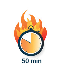 50 minutes clock on fire icon. Poster or banner for website. Business notification and timer. Special and limited offer, discounts, sales and promotions. Cartoon flat vector illustration