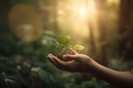 Nature protection and planet Earth protection concept. Woman hands holding growing small tree in hands. Planting trees and save nature and forest idea. Jungle and greenery background. Generative AI