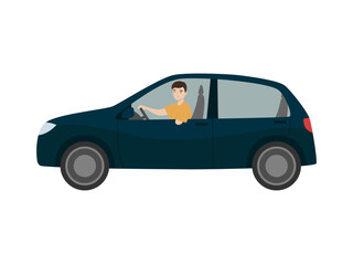 Young man with amputated hand driving a car. Handicapped person 