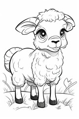 Fototapeta premium Coloring book page for kids. Sheep isolated on white background. Black and White. Generative AI