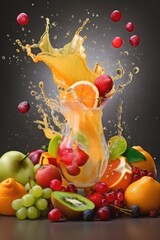 Obraz na płótnie Canvas Fruit splashing in a glass of orange juice, with some fruit falling out on a dark background | Generative AI