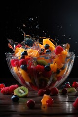 Fototapeta na wymiar Fruit splashing into a crystal bowl of fruit juice, with some fruit falling out | dark background | Generative AI