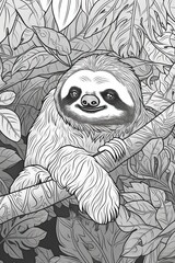 Coloring book page for kids. Sloth isolated on white background. Black and White. Generative AI