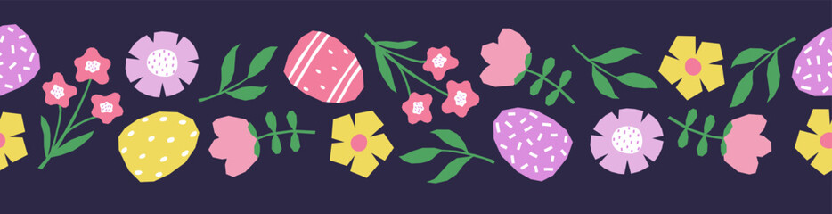 Seamless border with hand drawn Easter eggs, flowers and leaves. Cutout colorful plants and eggs on dark blue background.