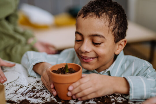 Happy little boy looking at growing plant in a pot.