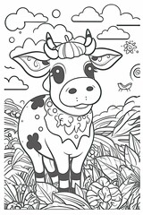 Coloring book page for kids. Cow isolated on white background. Black and White. Generative AI