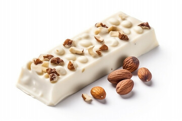White chocolate nut bar with peanut almond. Isolated candy. Sweet snack bar broken piece. AI generated art