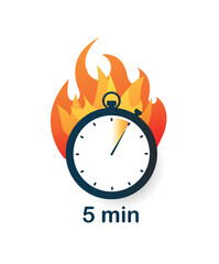 5 minutes clock on fire icon. Special offer, modern marketing and promotion methods, discounts and promotions, limited products and goods. Cartoon flat vector illustration