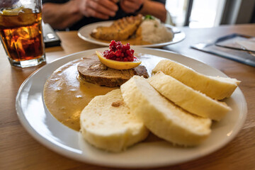 Dumpling with sirloin sauce (traditional Czech food 