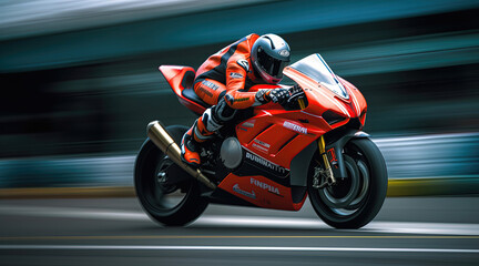 Man riding superbike, motorbike on the road riding. having fun riding the empty road on a motorcycle tour / journey isolated on blurred motion background. Generative AI