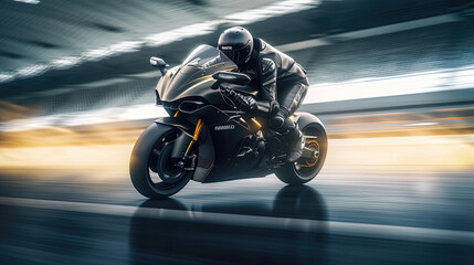 Man riding superbike, motorbike on the road riding. having fun riding the empty road on a motorcycle tour / journey isolated on blurred motion background. Generative AI